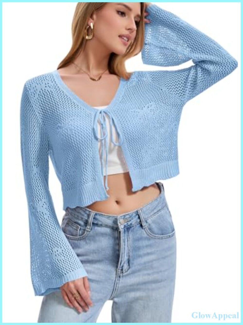 Crochet Cardigan Women Tie Front Bell Sleeve Summer Knit Crop Top Shrug